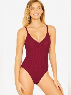 Xhilaration Ribbed Burgundy One-Piece Swimsuit | Crisscross Back | Size M